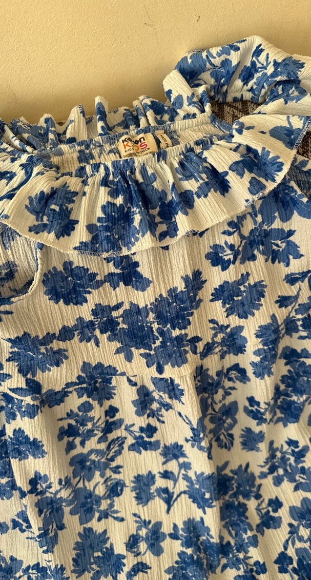 Mavi Çiçek Desenli Bohem Kız Elbisesi - Görsel 2