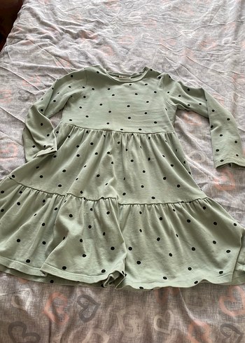 Uzun Kollu Puantiyeli Yeşil Kız Elbisesi - Görsel 2