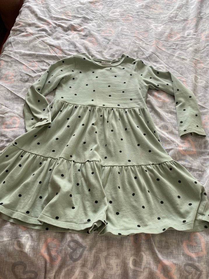 Uzun Kollu Puantiyeli Yeşil Kız Elbisesi - Görsel 2