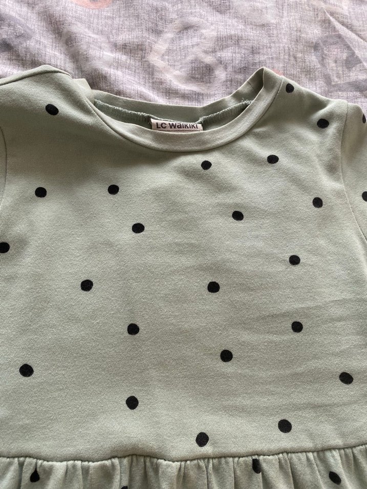 Uzun Kollu Puantiyeli Yeşil Kız Elbisesi - Görsel 3