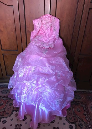 Pembe Straplez Nakışlı Çocuk Abiye Elbise - Görsel 2