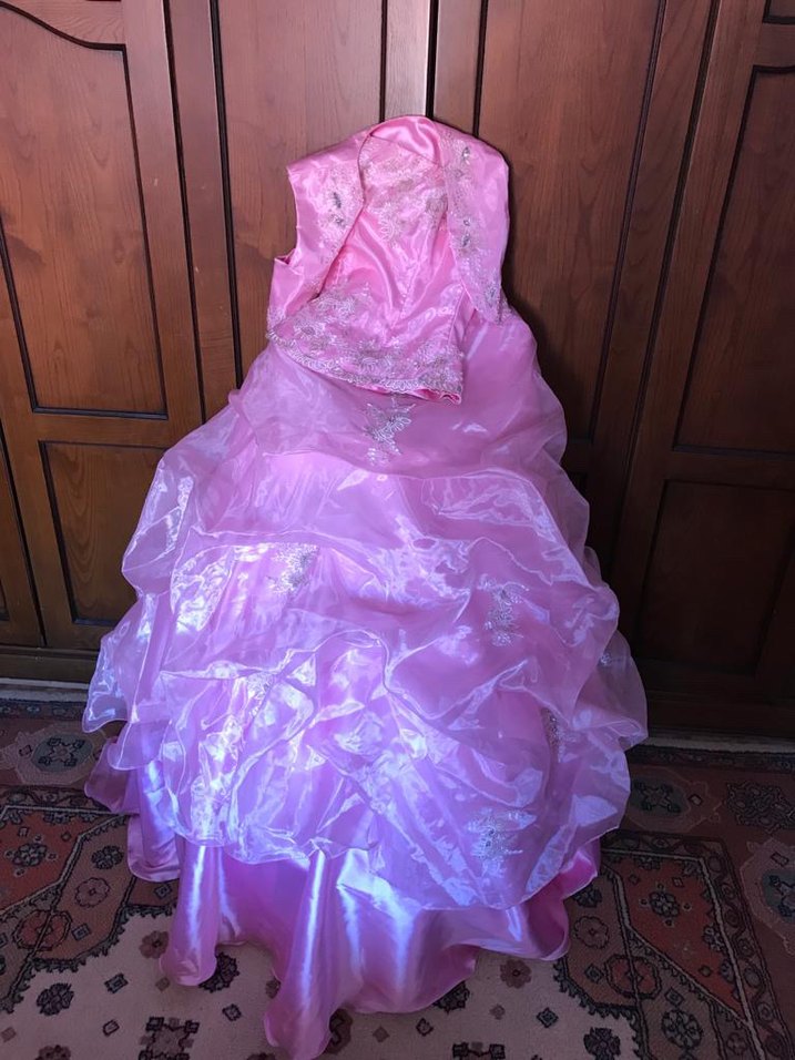 Pembe Straplez Nakışlı Çocuk Abiye Elbise - Görsel 2