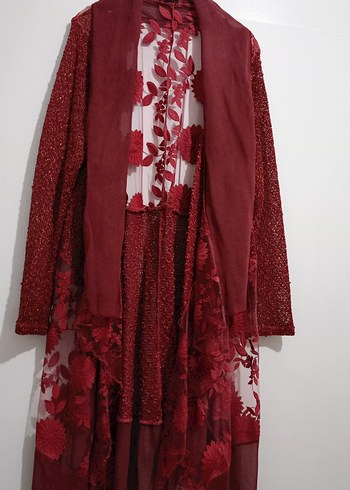 Bordo Nakışlı Uzun Bohem Kadın Henna hırka