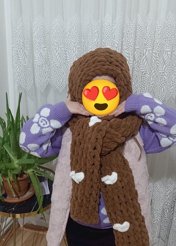 Pembe Peluş Kulaklı Çocuk Bere ve Atkı Seti - Görsel 3