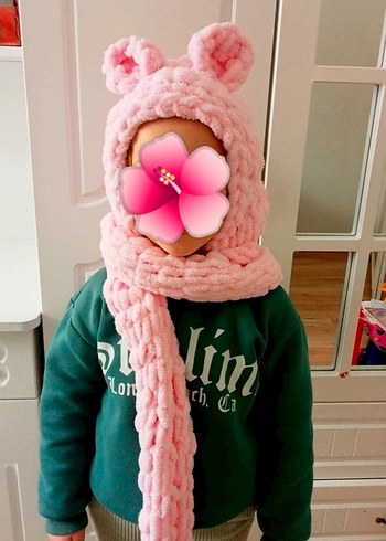 Pembe Peluş Kulaklı Çocuk Bere ve Atkı Seti - Görsel 2