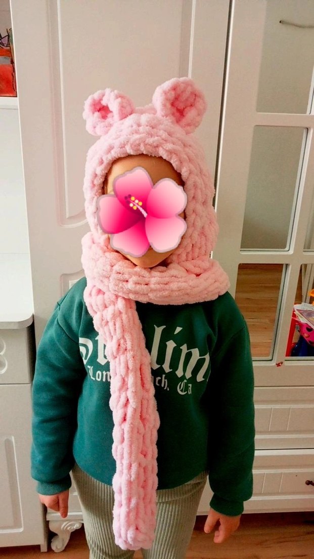 Pembe Peluş Kulaklı Çocuk Bere ve Atkı Seti - Görsel 2