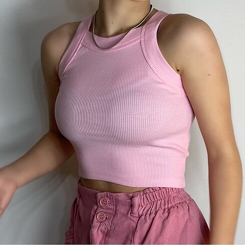 Diğer Kadın pembe fitilli halter yaka crop top