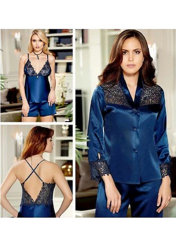 Lacivert İşlemeli Mini Kadın Gecelik Takımı - Görsel 2