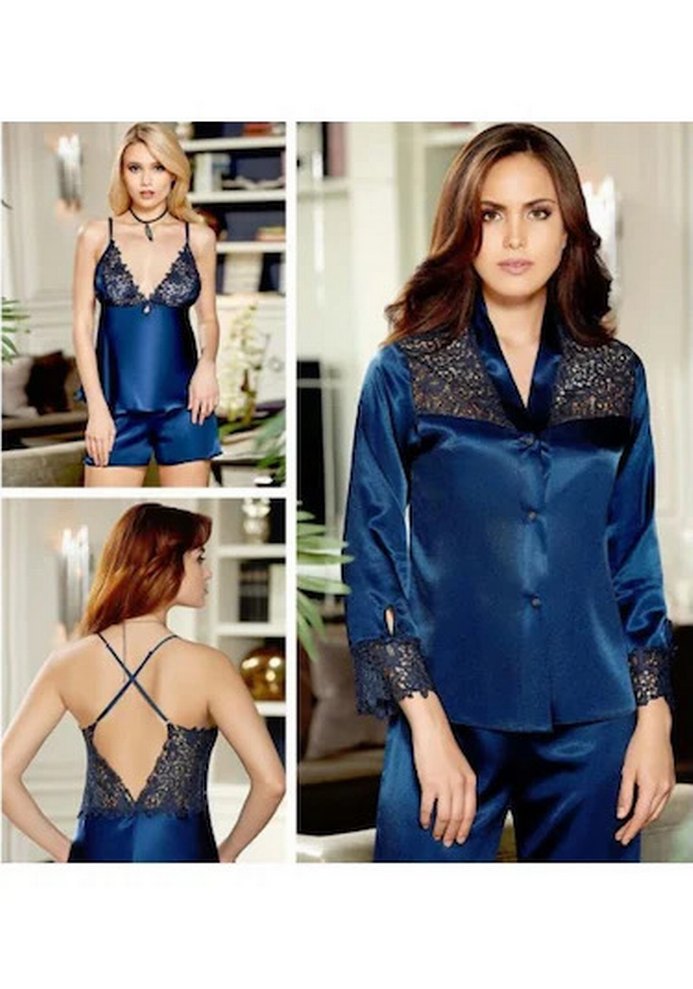 Lacivert İşlemeli Mini Kadın Gecelik Takımı - Görsel 2