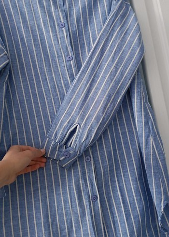 Mavi Çizgili Keten Uzun Kollu Gömlek - Görsel 7