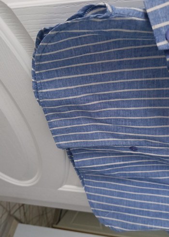 Mavi Çizgili Keten Uzun Kollu Gömlek - Görsel 6