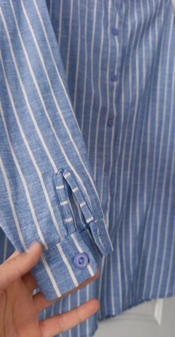Mavi Çizgili Keten Uzun Kollu Gömlek - Görsel 5
