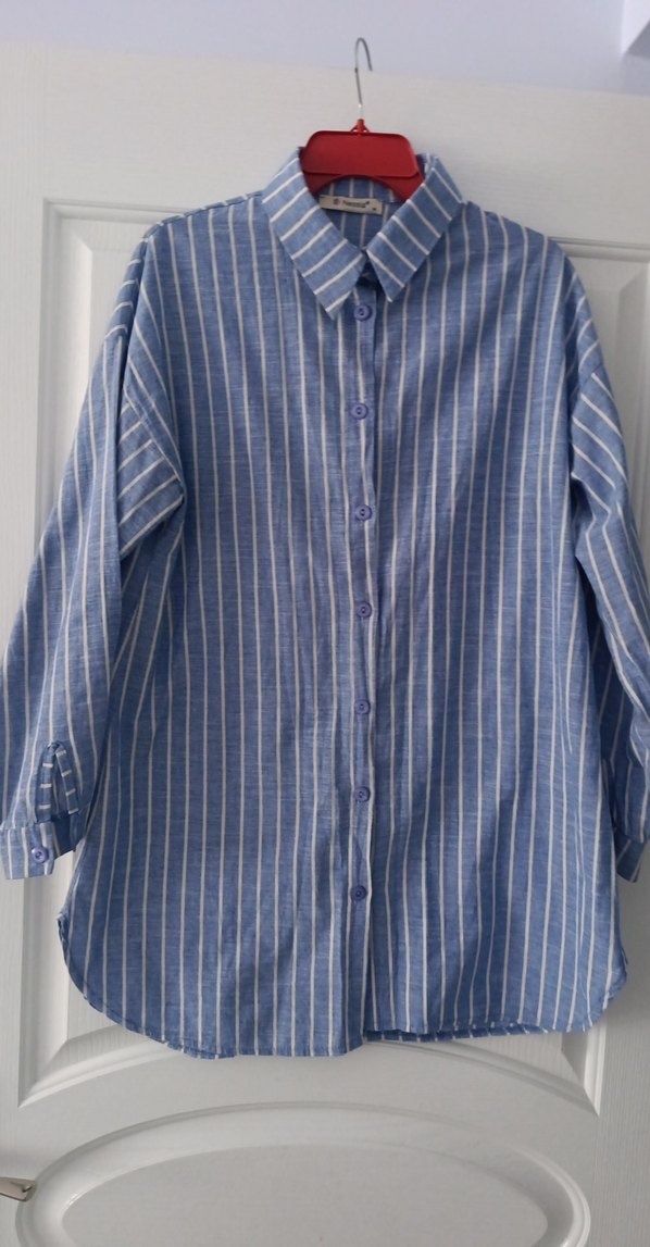 Mavi Çizgili Keten Uzun Kollu Gömlek - Görsel 2