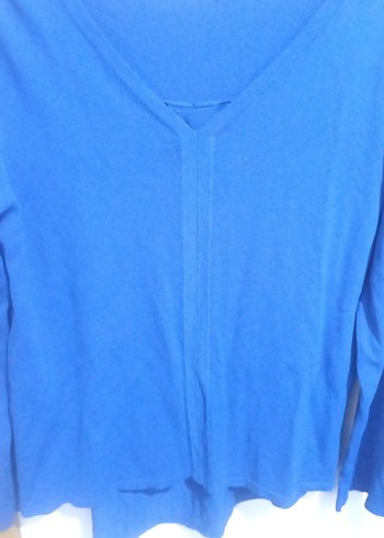 Düğmeli Mavi V Yaka Uzun Kollu Kadın Bluz - Görsel 2