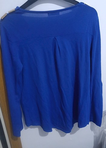 Düğmeli Mavi V Yaka Uzun Kollu Kadın Bluz - Görsel 7