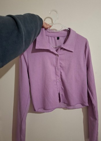 Mor Düğmeli Uzun Kollu Keten Gömlek - Görsel 3