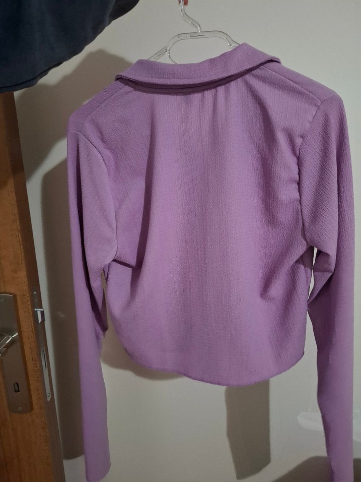 Mor Düğmeli Uzun Kollu Keten Gömlek - Görsel 2