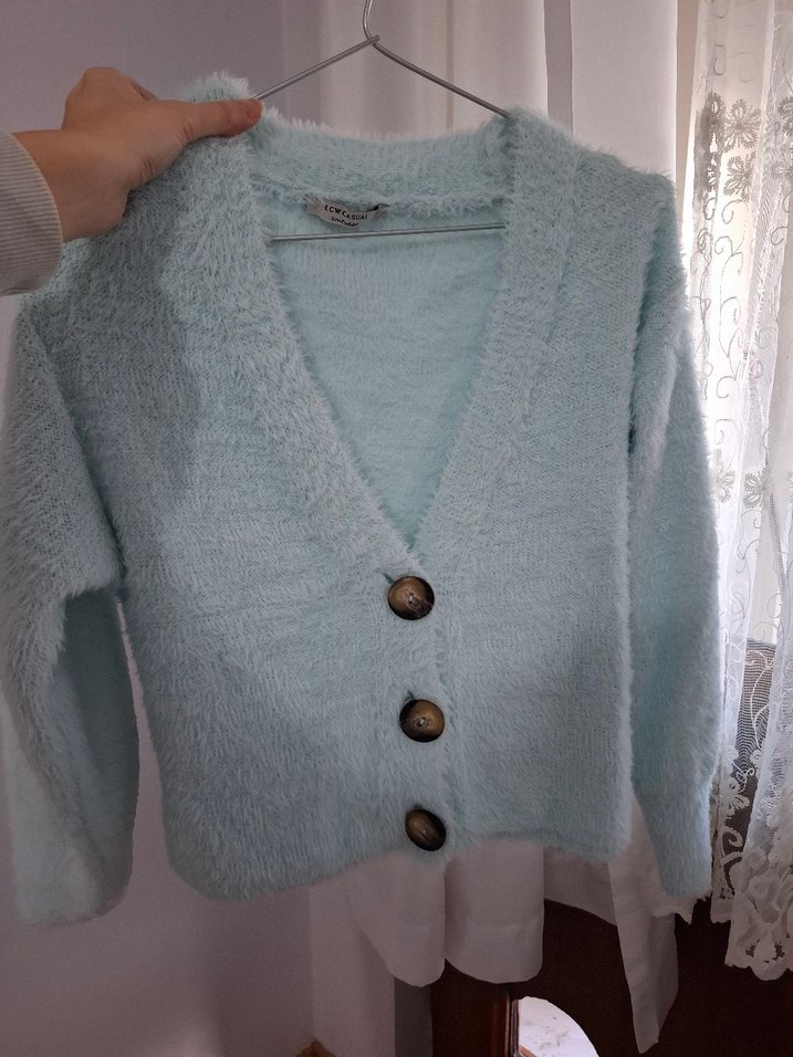 Düğmeli Mavi Midi Kadın Hırka - Görsel 3