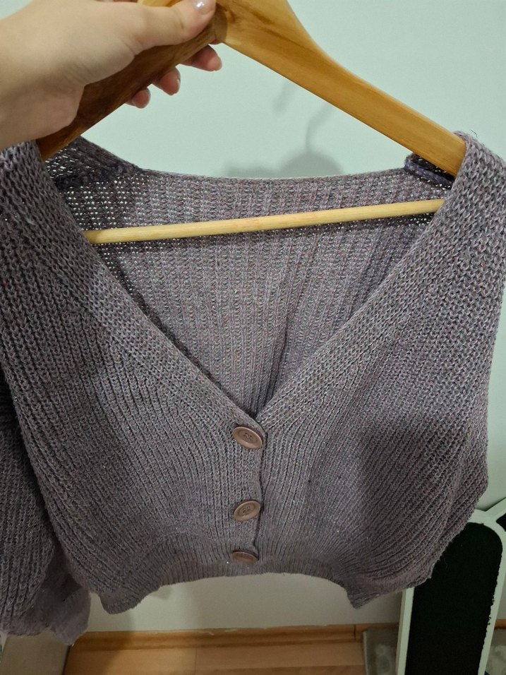 mor V Yaka Örgü Kadın Hırka - Görsel 4