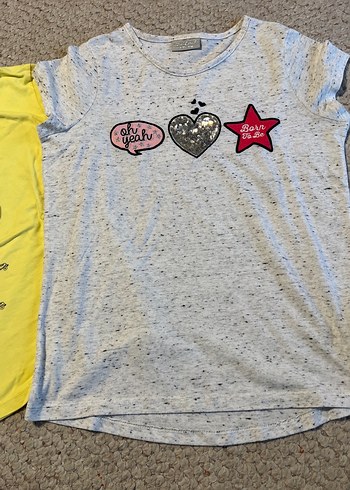 Kız Çocuk Gri  sarı Payetli Baskılı Tişört - Görsel 2