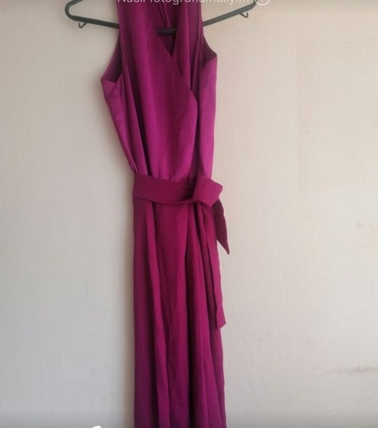 Mor Uzun Drapeli Straplez Kadın Abiye Elbise - Görsel 2