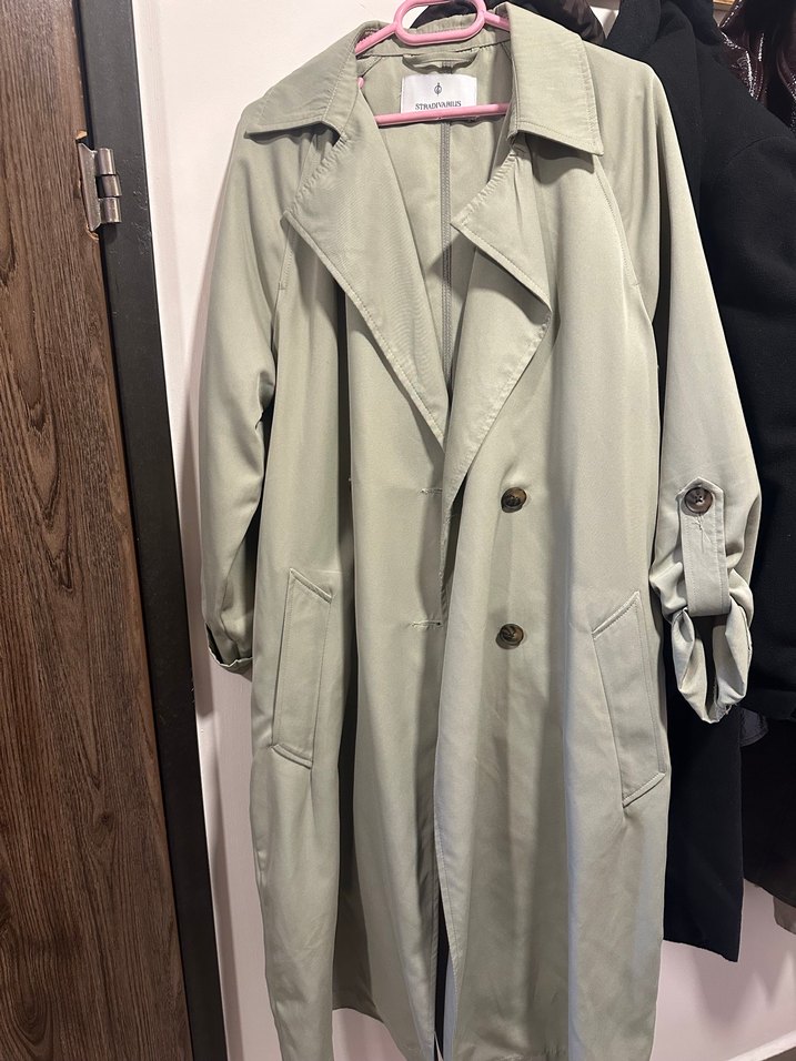 Yeşil Uzun Kadın Trençkot Düğmeli ve Kuşaklı - Görsel 5