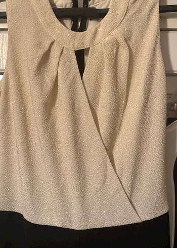 Bej Siyah V Yaka Kemerli Kadın Tulum - Görsel 2