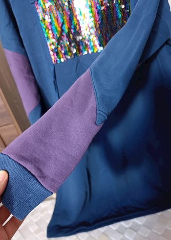 Kadın Mavi Uzun Kollu Payetli Sweatshirt - Görsel 3