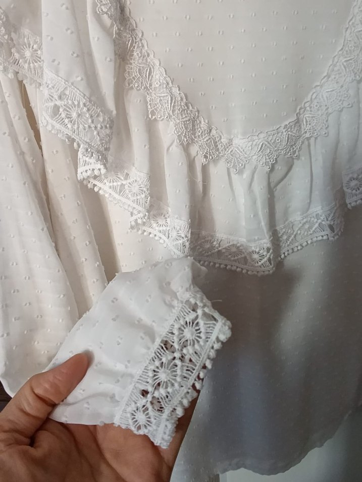 Beyaz Fırfırlı Bohem Bluz vintage - Görsel 5