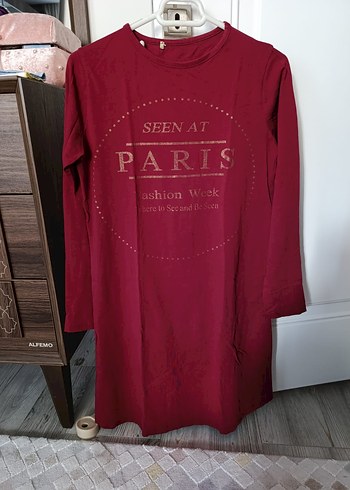 Bordo Uzun Kollu Paris Baskılı Kadın Tunik - Görsel 2