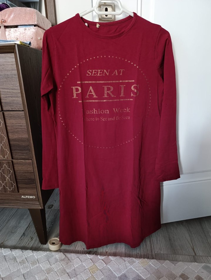 Bordo Uzun Kollu Paris Baskılı Kadın Tunik - Görsel 2