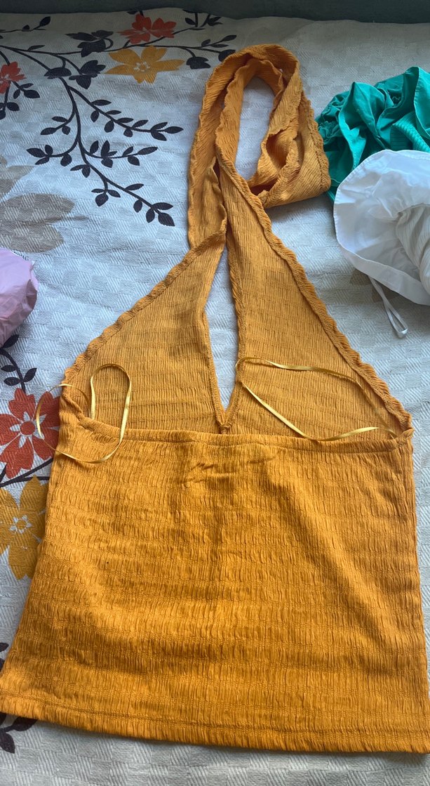 Boyundan bağlamalı turuncu bluz - Görsel 2