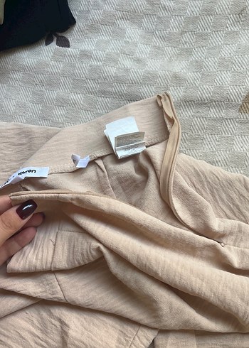 Bej Kadın Pilili Keten Bol Pantolon - Görsel 3