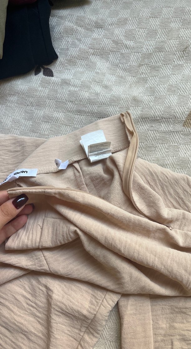 Bej Kadın Pilili Keten Bol Pantolon - Görsel 3