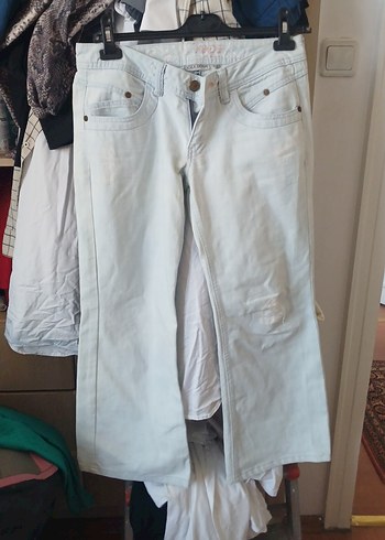 m Beden Beyaz Denim Kadın Pantolon, Normal Boy, Tokalı