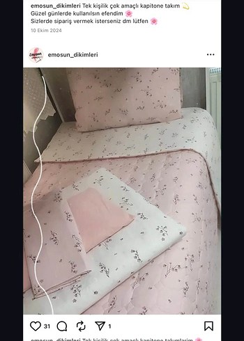 Pembe Çiçek Desenli Tek Kişilik Kapitone Yatak Seti Banu 1