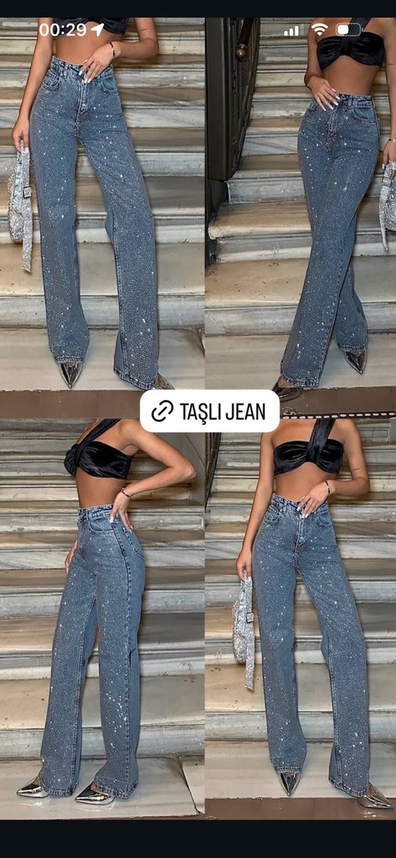 Gri Payetli Desenli Kadın Jean - Görsel 2