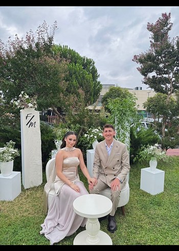 Bej Transparan İncili Straplez Midi Elbise - Görsel 2