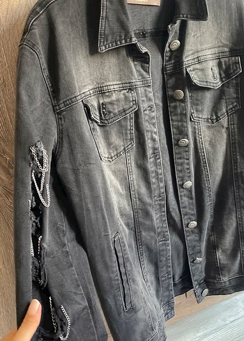 Adil Işık Gri Rock Punk kalıp geniş Desenli Denim Ceket