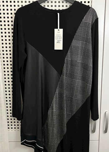 Uzun Kollu Siyah Gri Baskılı Kadın Tunik - Görsel 2