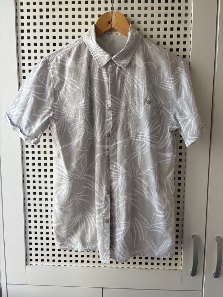 Gri Desenli Keten Kısa Kollu Erkek  Çocuk Gömlek - Görsel 2