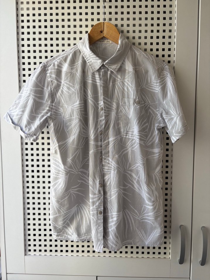 Gri Desenli Keten Kısa Kollu Erkek  Çocuk Gömlek - Görsel 3