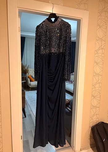 Uzun Siyah Drapeli Abiye Elbise (şal,ayakkabı ve çanta ile) - Görsel 2