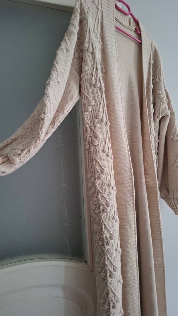 Bej Uzun Örgü Bohem Hırka - Görsel 2