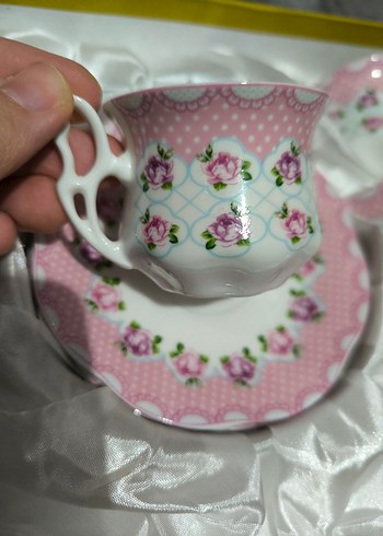 Pembe Çiçek Desenli 6'lı Fincan ve Tabak Seti - Görsel 6