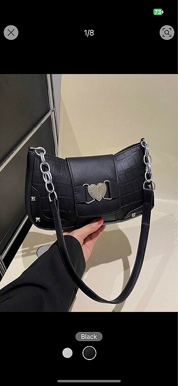 kalp detaylı siyah croco çanta