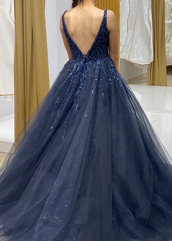 Parlak Lacivert V Yaka Uzun Abiye Elbise - Görsel 3