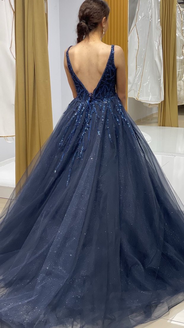 Parlak Lacivert V Yaka Uzun Abiye Elbise - Görsel 2