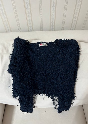 Lacivert Örgü Kadın Kazak Crop - Görsel 2