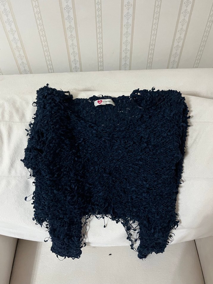 Lacivert Örgü Kadın Kazak Crop - Görsel 2